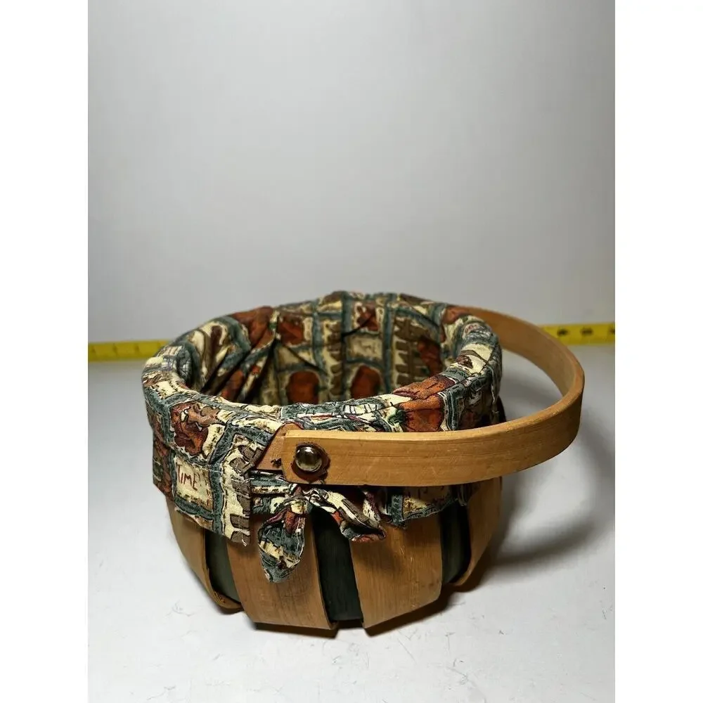 Vintage Wooden Basket Bent Wood Handle Cloth Lined Harvest Nailed Bottom